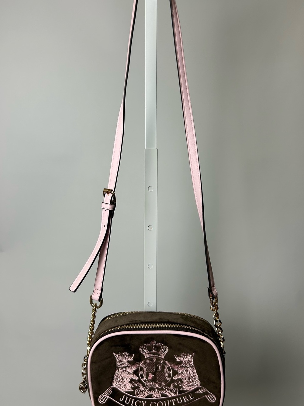 Juicy Couture Brown Velvet Crossbody with Pink Trim